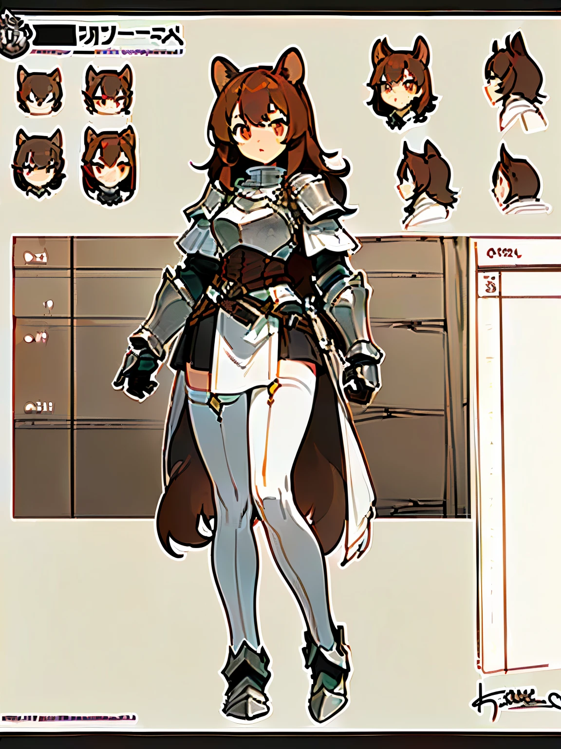 ((Masterpiece, 8k, High quality)), (adult female), (orange eyes), (((long brown hair))), (((Squirrel ears))), ((Medium bust, hips wide open)), ((wearing white stockings)), (((Wear armor made from tree bark..))), (1 woman), (character design sheet)