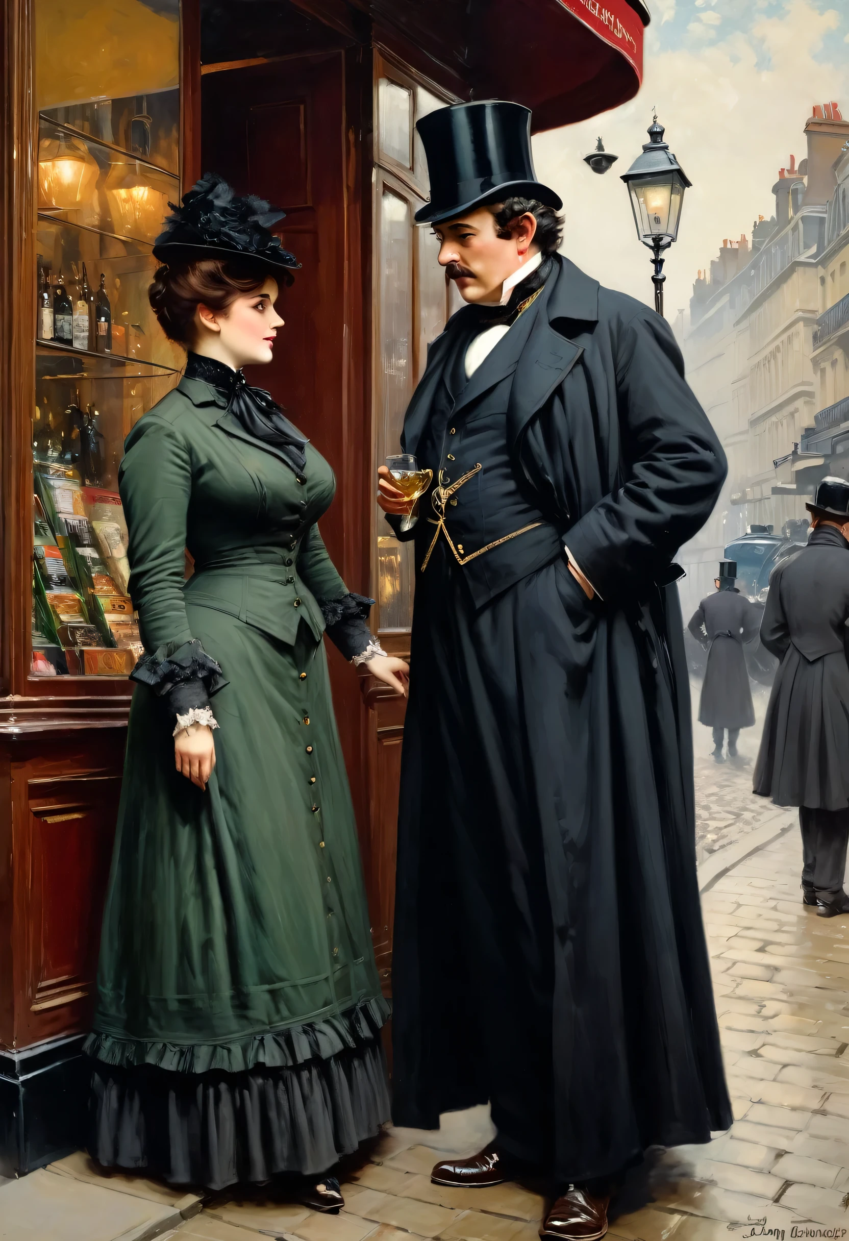 Full body shot of a Victorian Scene, sherlock holmes and a plump voluptuous buxom pretty Victorian widow having  flirt standing face to face in Baker street,
by Jean Béraud, inspired by Jean Béraud, inspired by Édouard Detaille, edouard leon cortes, inspired by Ivan Kramskoi, inspired by Jean-Louis-Ernest Meissonier, by Édouard Detaille, inspired by Paul Émile Chabas