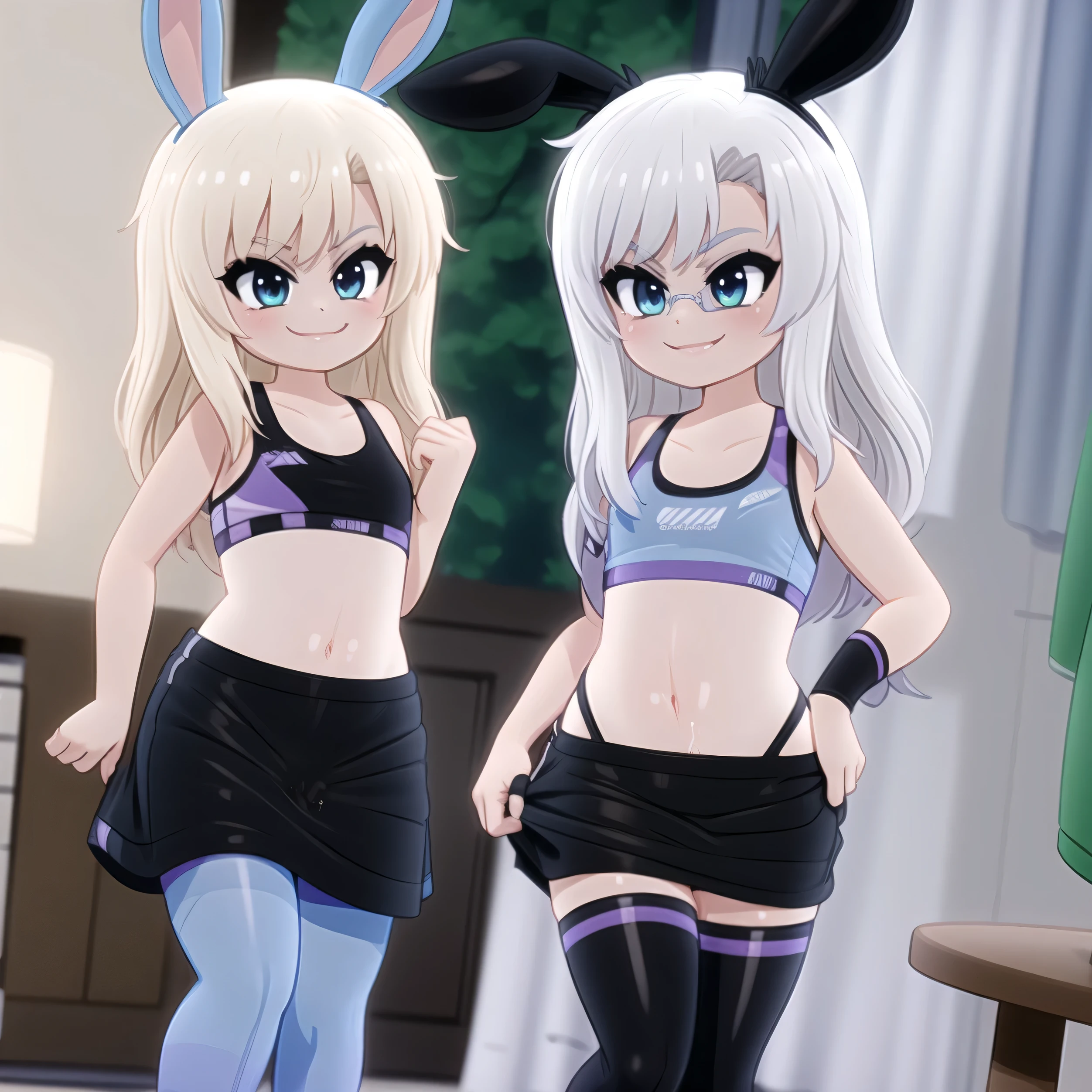 By mantis-x, young girls, black skirt, sports bra, bunny ears, pussy juice, undressing , pulling down panties, smiling, stockings, horny, sexy, silver hair, sunglasses, nya, 