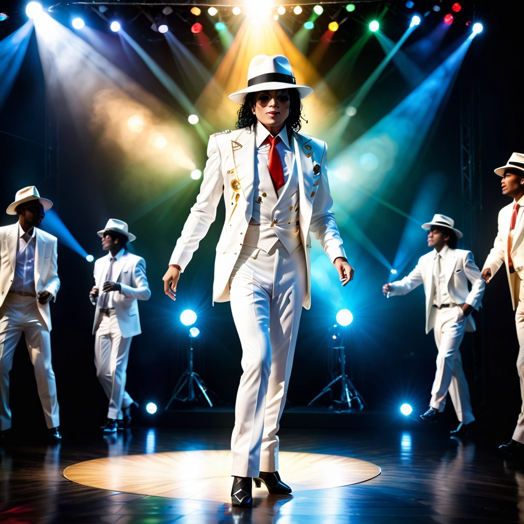 (smoothcriminal),1man\((michael jackson:2.0),white suit,necktie,white hat,singing and dancing,full body\), BREAK ,background\(many spot lights,(live stage:1.5),(many audience:1.5)\), BREAK ,quality\(intricate details, very sharp, detailed face, detailed skin,8k,wallpaper of extremely detailed CG unit, ​masterpiece,hight resolution,top-quality,top-quality real texture skin,hyper realisitic,increase the resolution,RAW photos,best qualtiy,highly detailed,the wallpaper,cinematic lighting,ray trace,golden ratio\),landscape,long shot,wide shot,