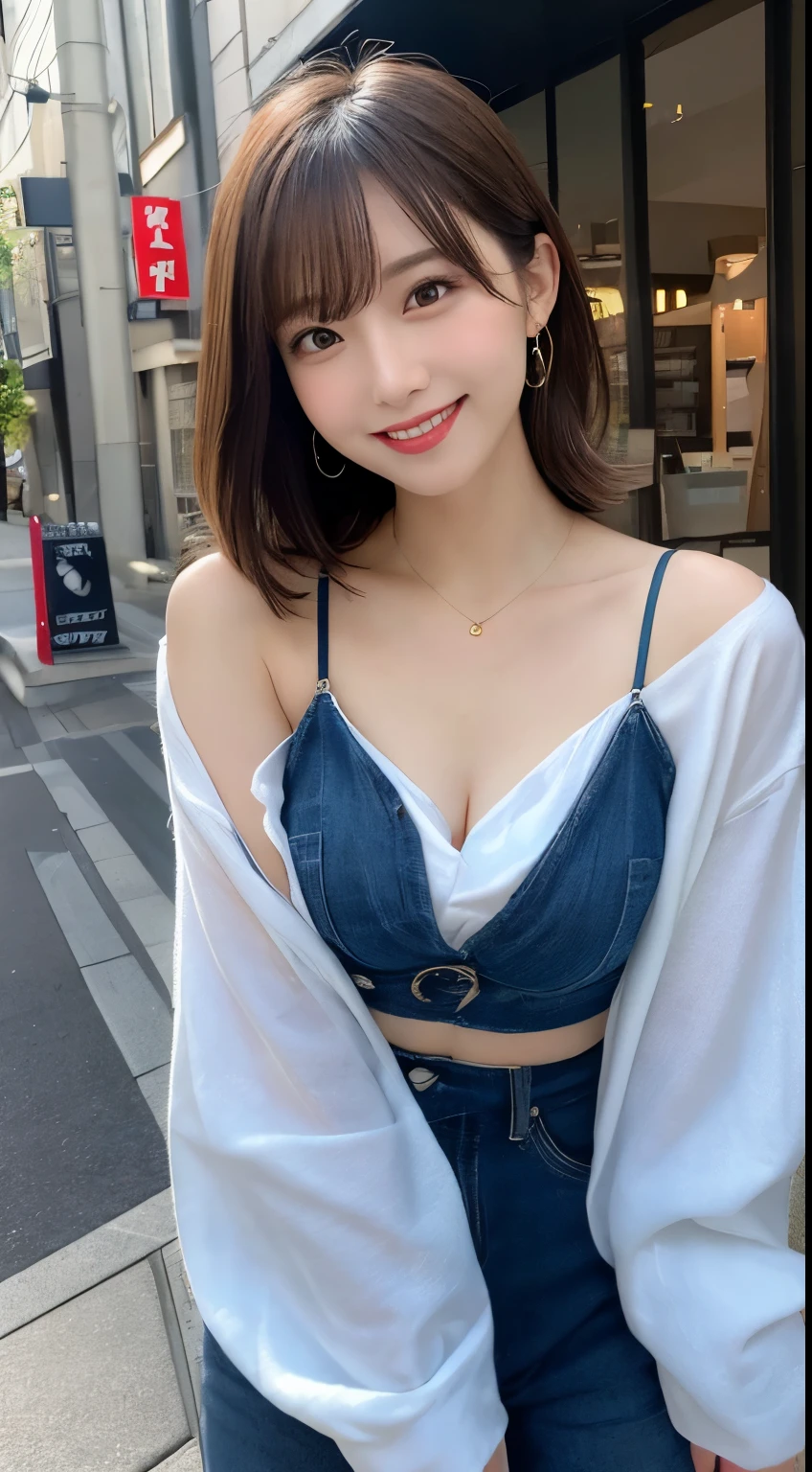 Tabletop, highest quality, shape, Very detailed, In detail, High resolution, 8k wallpaper, Perfect dynamic composition, Beautiful details, Summer clothes,Medium Hair, Center of chest, Natural color lip, Random sexy poses,smile,Tokyo in the daytime，cute，