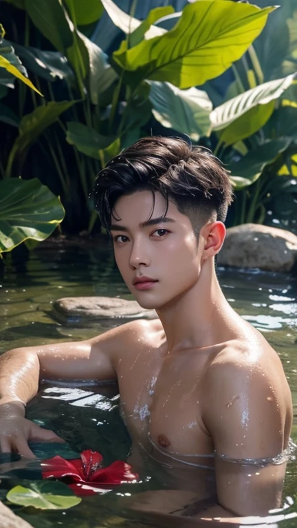 1 boy, Young male, Detailed eyes and faces, Perfect male body, face to camera, (short hair, half body inside water, Topless, bathe in water, wet hair and body),portrait, Chinese clothing, China Landscape, Outdoor, Hibiscus, Hibiscus park, color difference, Depth of field, dramatic shadow, Ray tracing, Best quality, Cinematic lighting, Extremely detailed CG, 8k wallpaper,