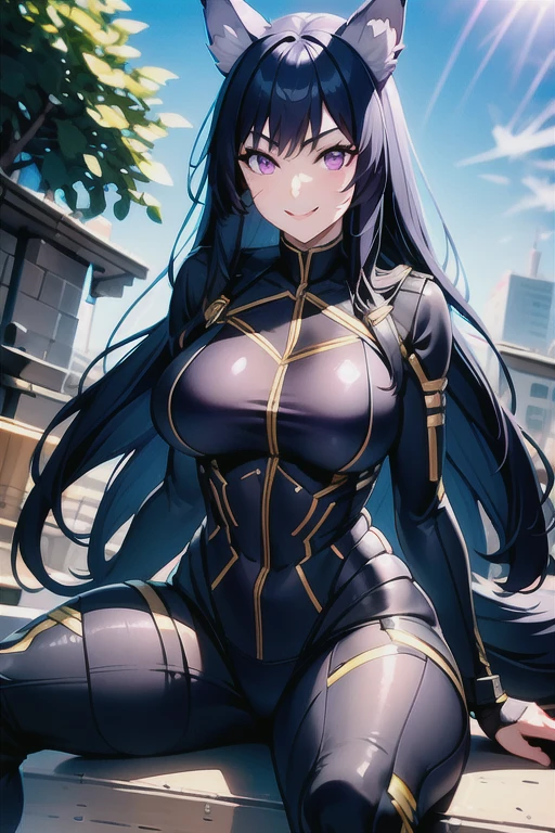 best quality, masterprice, 1girl, (solo:1.1), raytracing, ultra detailed,detailed face, 8k wallpaper, large breasts, smile, wide hips, (neocoill:0.8), outdoor, sitting, dynamic pose, outdoor,  DeltaNDV, long hair, animal ears, purple eyes, bangs, wolf ears, looking at viewer, wolf tail, bodysuit, tight clothes, turning her ass,