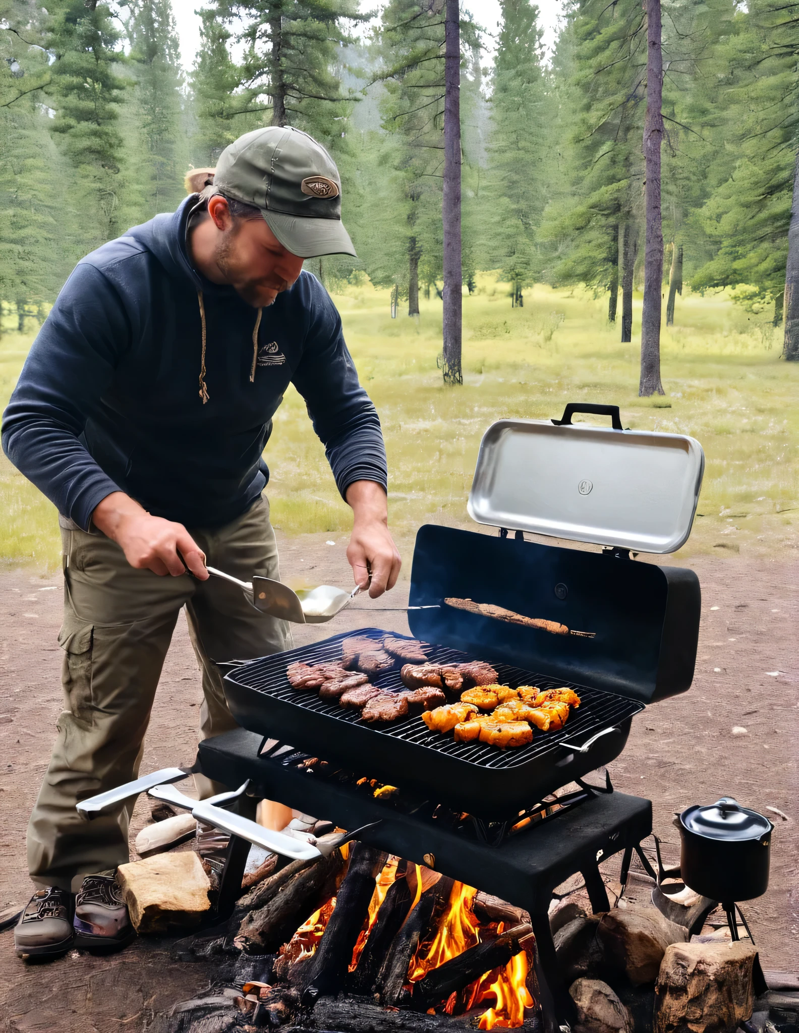 there are many different pictures of a person cooking food on the grill  camping, food. craft and adventure, cooking it up, camp, campsites, by Joe Bowler, ((oversaturated)), adventuring, beautiful setting, !!beautiful!!, by Stephen Greene