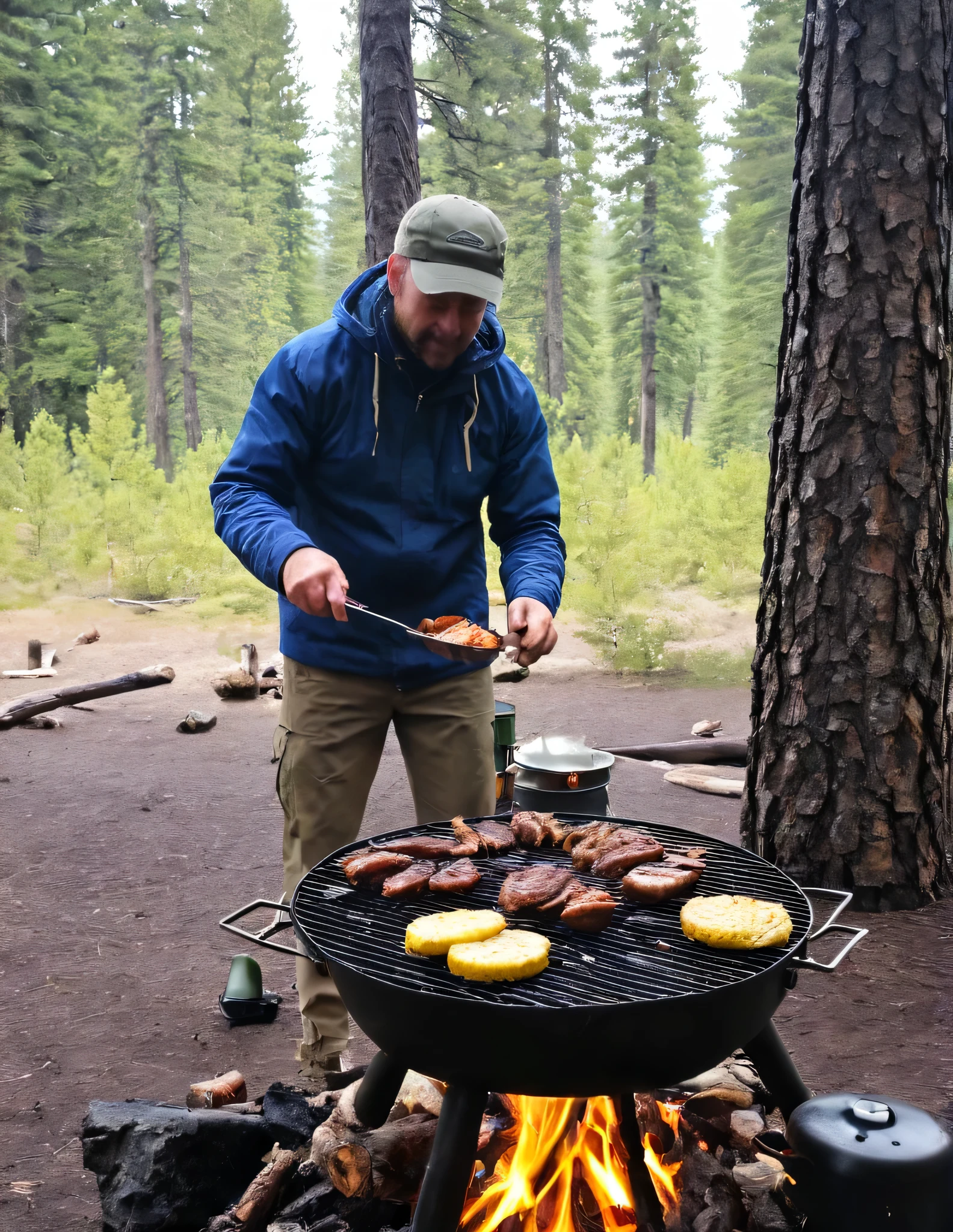 there are many different pictures of a person cooking food on the grill  camping, food. craft and adventure, cooking it up, camp, campsites, by Joe Bowler, ((oversaturated)), adventuring, beautiful setting, !!beautiful!!, by Stephen Greene