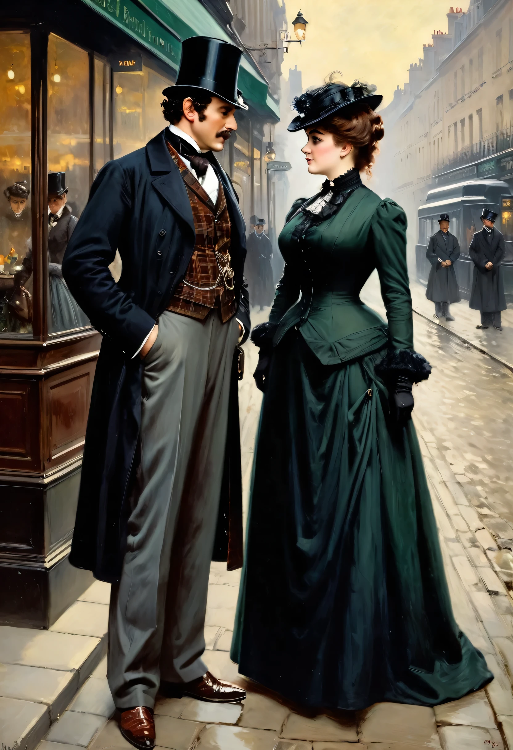 Full body shot of a Victorian Scene, sherlock holmes and a plump voluptuous buxom pretty Victorian widow having  flirt standing face to face in Baker street,
by Jean Béraud, inspired by Jean Béraud, inspired by Édouard Detaille, edouard leon cortes, inspired by Ivan Kramskoi, inspired by Jean-Louis-Ernest Meissonier, by Édouard Detaille, inspired by Paul Émile Chabas