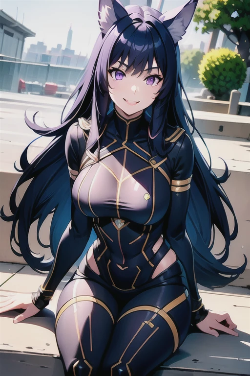 best quality, masterprice, 1girl, (solo:1.1), raytracing, ultra detailed,detailed face, 8k wallpaper, large breasts, smile, wide hips, (neocoill:0.8), outdoor, sitting, dynamic pose, outdoor,  DeltaNDV, long hair, animal ears, purple eyes, bangs, wolf ears, looking at viewer, wolf tail, bodysuit, tight clothes, turning her ass,