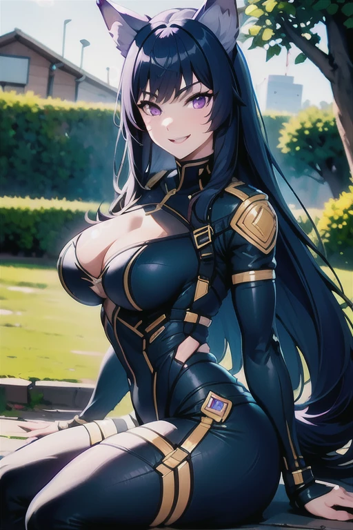 best quality, masterprice, 1girl, (solo:1.1), raytracing, ultra detailed,detailed face, 8k wallpaper, large breasts, smile, wide hips, (neocoill:0.8), outdoor, sitting, dynamic pose, outdoor,  DeltaNDV, long hair, animal ears, purple eyes, bangs, wolf ears, looking at viewer, wolf tail, bodysuit, tight clothes, turning her ass,