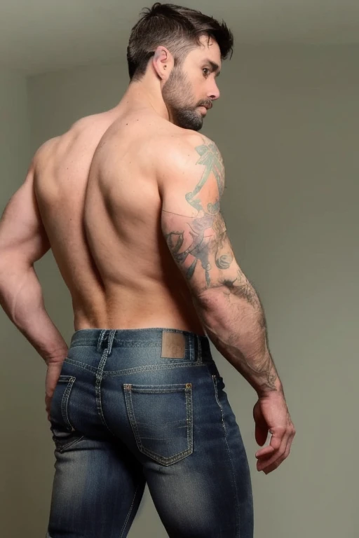 JordanBrandt, 45yo, short mustache and beard, wearing gray jeans, shirtless, backside bent over 