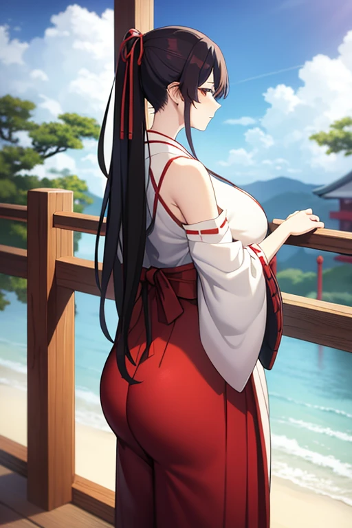 1girl, bangs, bare_shoulders, blue_sky, large breasts, brown_eyes, cloud, cloudy_sky, day, detached_sleeves, fence, hair_between_eyes, hair_ribbon, hakama, hakama_skirt, japanese_clothes, kimono, large_breasts, long_hair, looking_at_viewer, obi, railing, red_hakama, red_ribbon, ribbon, sash, shouji, sky, sliding_doors, solo, tree, veranda, white_kimono
((best quality)), ((masterpiece)), (detailed), Sagirin, tight hakama, ass, big ass shape, gigantic breasts, seductive pose, side view,