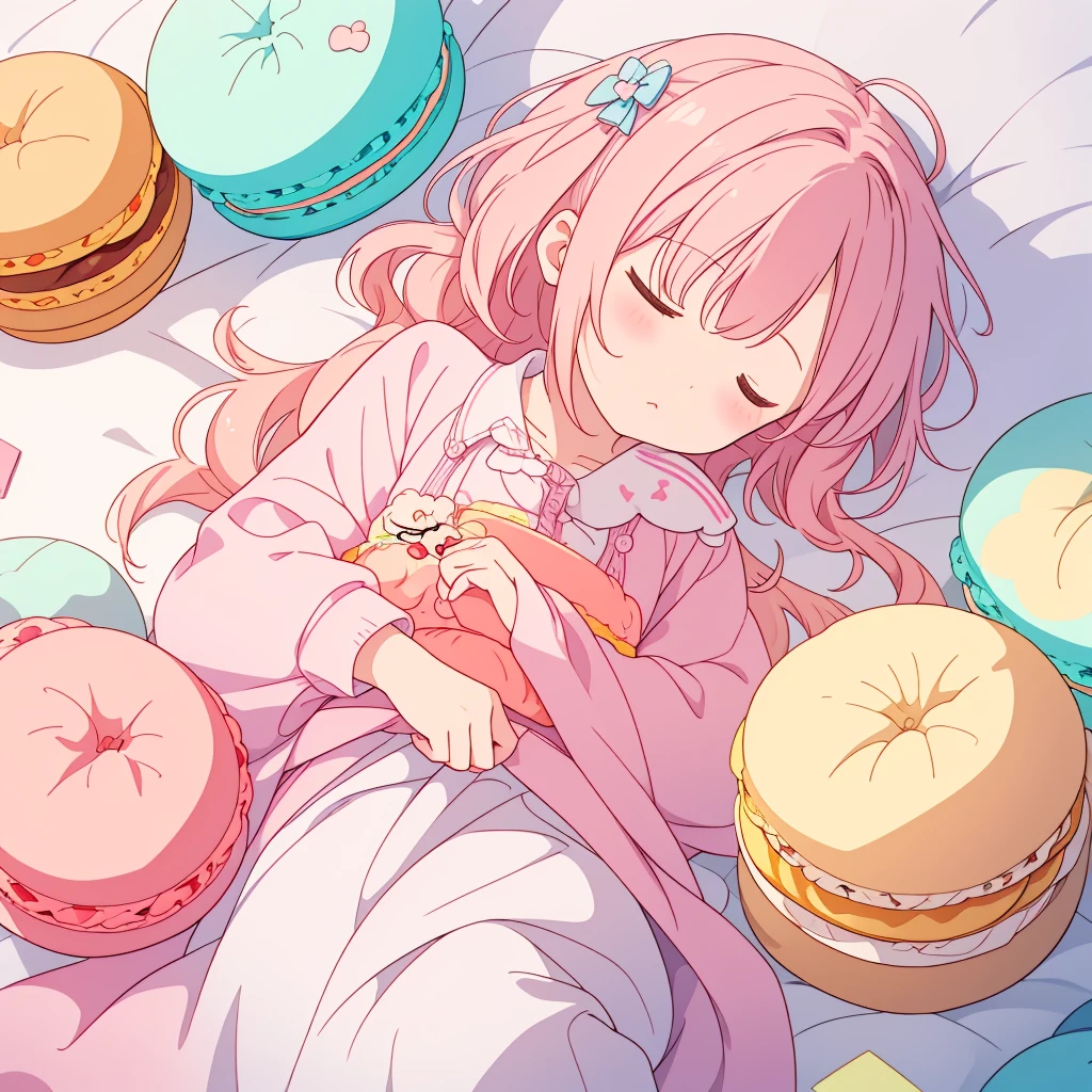 Little、cute、Soft and fluffy、Heartwarming、pastel colour、Sleeping between macarons on a macaron blanket、
