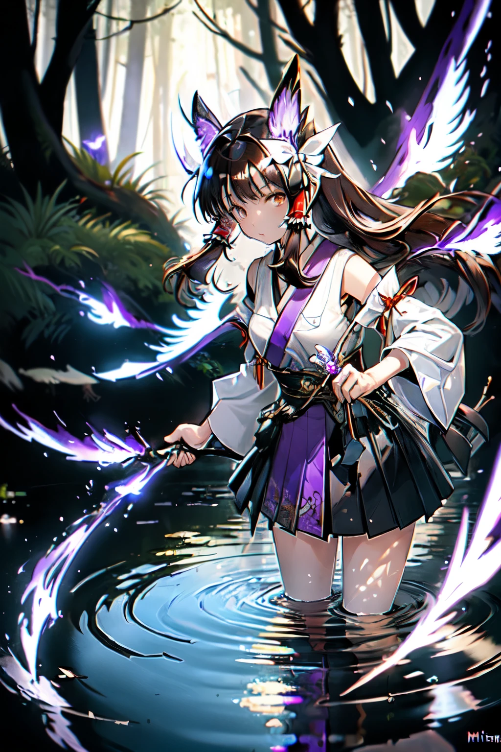 (K Comics:1.2), No background, masterpiece, highest quality, One girl, hakurei reimu, Brown Hair, Hair Tube, Hair Ribbon, Brown eyes, Non-traditional Shrine Maiden, Purple and white tree々A forest full of, fire Fly, water, Purple Theme, White Theme, Mysterious, Magic,