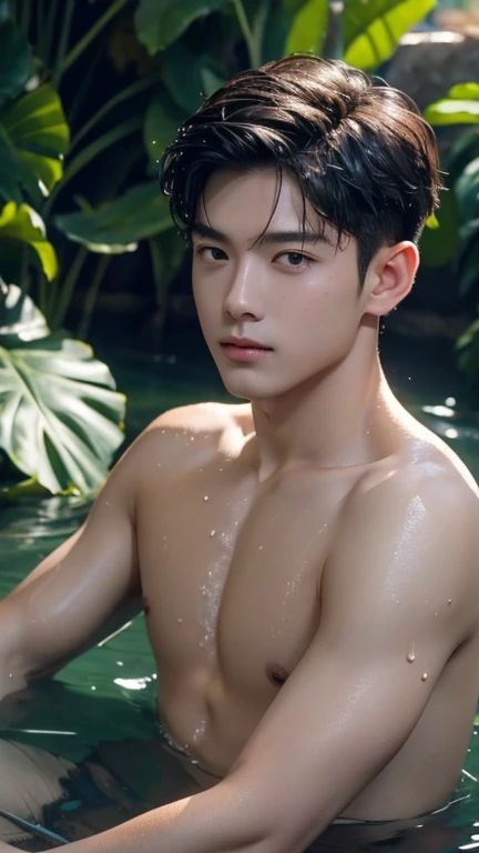 1 boy, Young male, Detailed eyes and faces, Perfect male body, face to camera, (short hair, half body inside water, Topless, bathe in water, wet hair and body),portrait, Chinese clothing, China Landscape, Outdoor, Hibiscus, Hibiscus park, color difference, Depth of field, dramatic shadow, Ray tracing, Best quality, Cinematic lighting, Extremely detailed CG, 8k wallpaper,