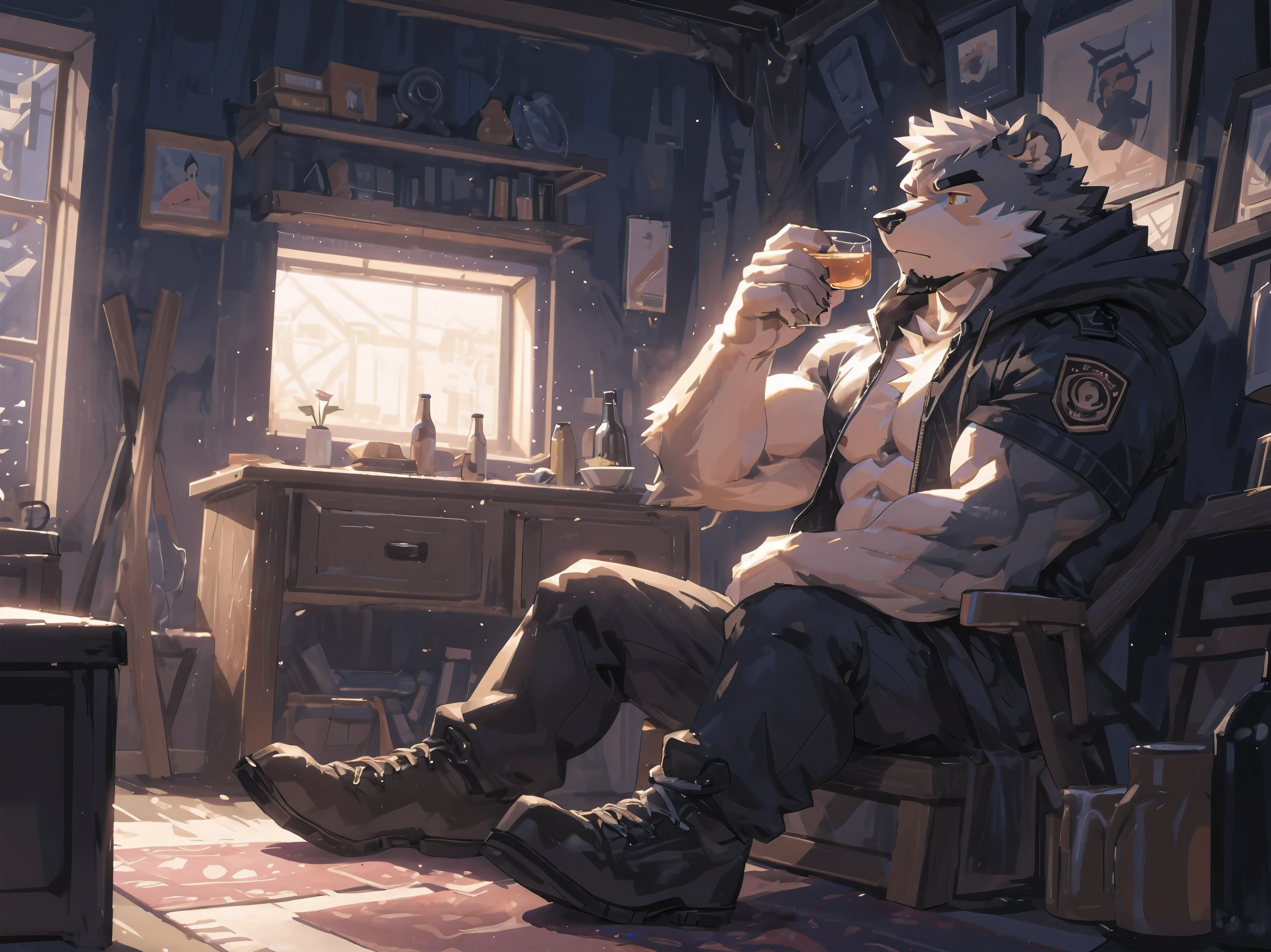 (masterpiece:1.2), best quality,pixiv,official art,perfect anatomy, (Ray tracing, light), (1_male:1.3) , (muscle), (gray fur:1.4), (muscle bear), (beard:1.2), (gleaming golden eyes), Thick black eyebrows, open hoodie, (naked inside:1.2), cargo pants, (boots:1.2), portrait, sitting, indoor, drink beer alone, looks tired, sitting on the sofa , watching tv
