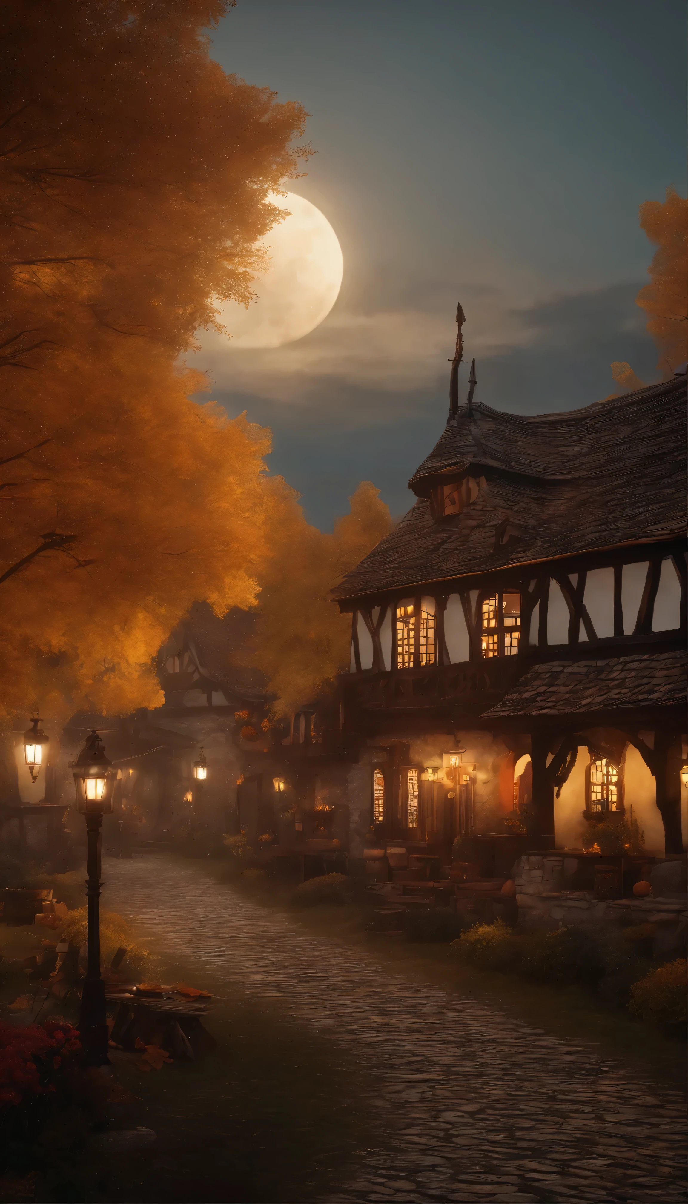 At the heart of a fascinating medieval tavern、Surrounded by seasonal autumn colors、A masterpiece of art and detail。highest quality、High resolution 8k CG wallpaper unit、As if we were there in person、It takes us into an extraordinary world filled with the intricacies of the facility.。 The scenery that unfolds before my eyes、orange、red、Dyed yellow、The autumn sky is enveloped in warmth and tranquility。Autumn twilight envelopes the scene、The cloudy sky adds a mysterious element.、The large moon shining in the distance emits a mysterious glow.。