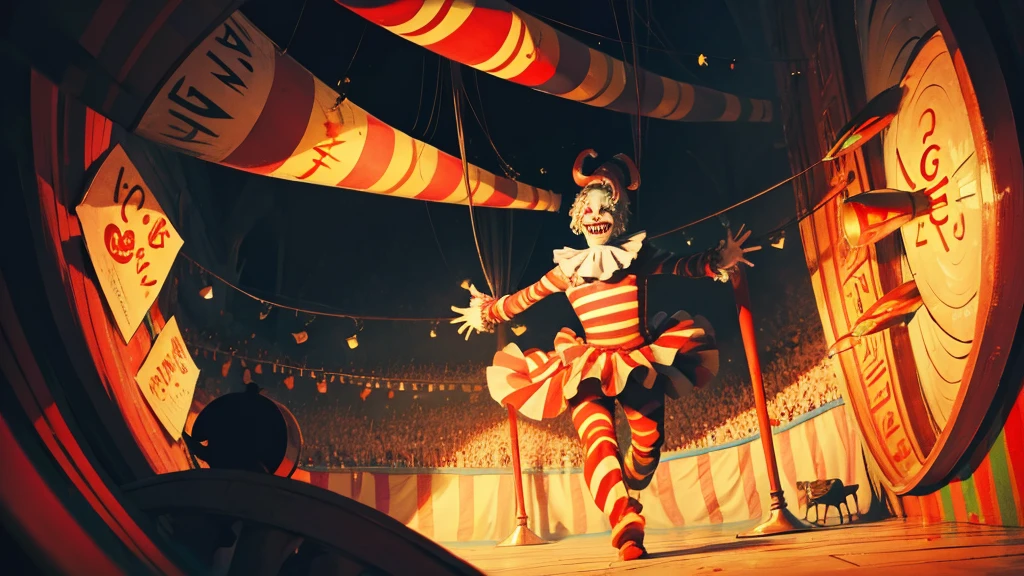 (((masterpiece,Highest quality))),(((A clown of unknown gender and face))),((Dancing wildly)),((((No one else)))),(A wilderness with an empty horizon,Split sky displayed in virtual texture),Focus on people,(high quality),アニメ,b3ks1n