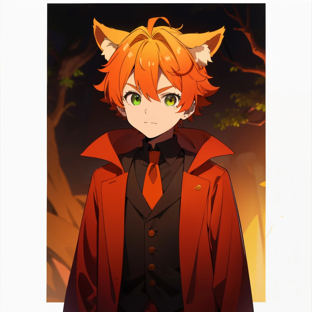 orange hair, green eyes, boy, 12 YO,femboy, animal ears, cute, shota, hallowing, dracula costume, vampire costume, large canines