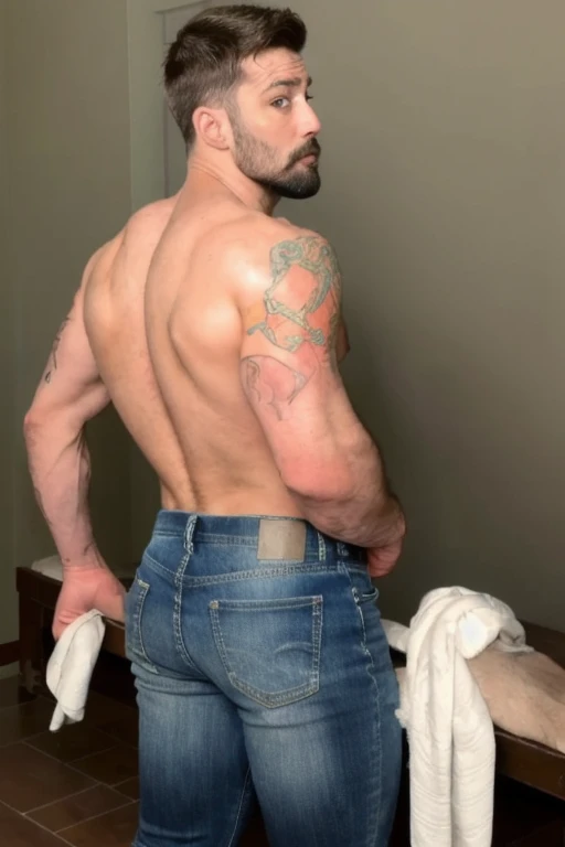 JordanBrandt, 45yo, short mustache and beard, wearing white jeans, shirtless, backside bent over