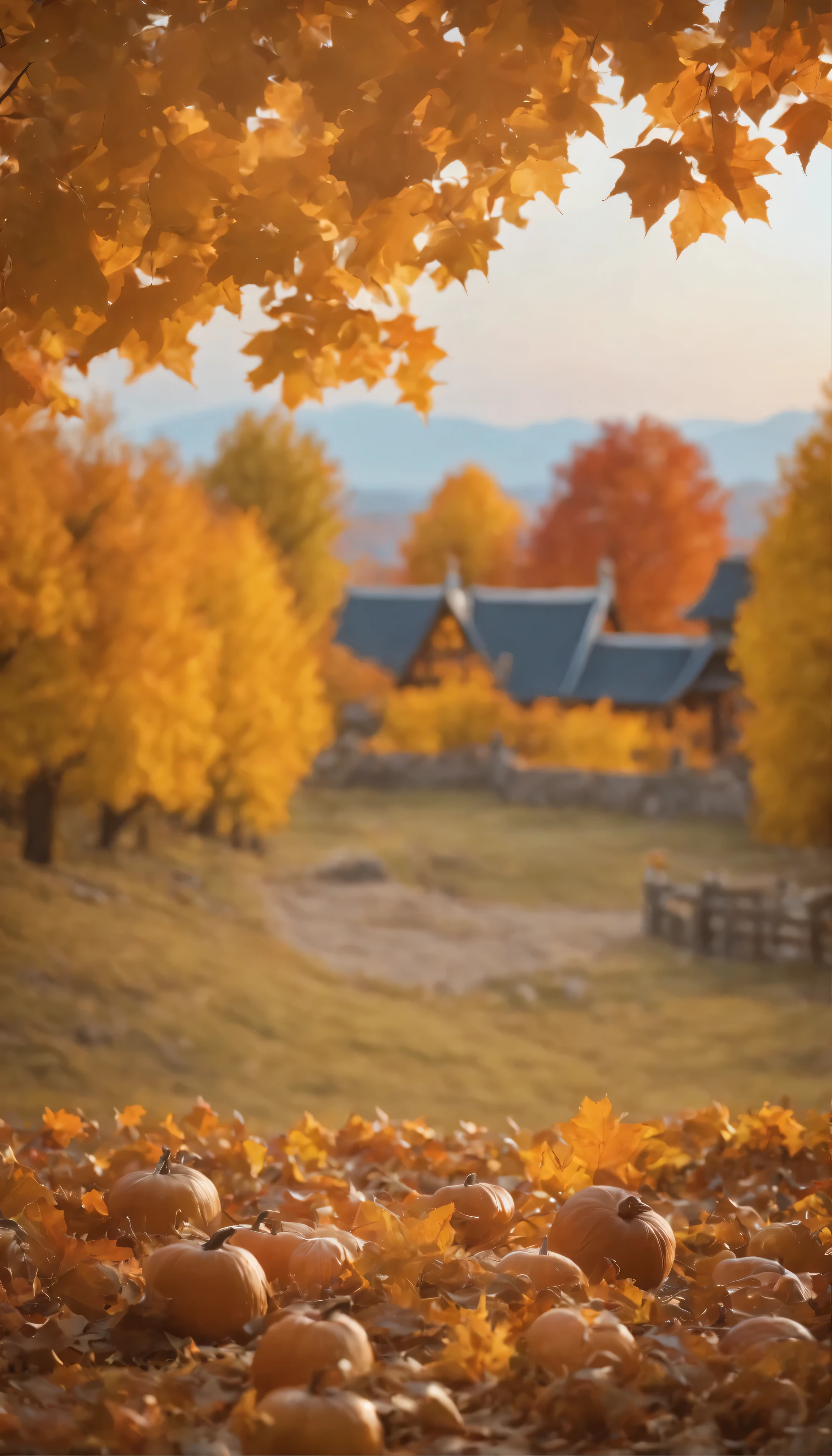 At the heart of a fascinating medieval tavern、Surrounded by seasonal autumn colors、A masterpiece of art and detail。highest quality、High resolution 8k CG wallpaper unit、As if we were there in person、It takes us into an extraordinary world filled with the intricacies of the facility.。 The scenery that unfolds before my eyes、orange、red、Dyed yellow、The autumn sky is enveloped in warmth and tranquility。Autumn twilight envelopes the scene、The cloudy sky adds a mysterious element.、The large moon shining in the distance emits a mysterious glow.。