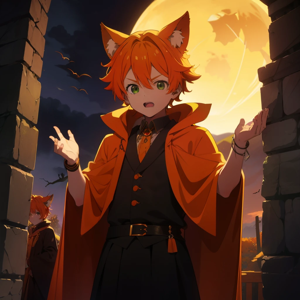 orange hair, green eyes, boy, 12 YO,femboy, animal ears, cute, shota, hallowing, dracula costume, vampire costume, large canines