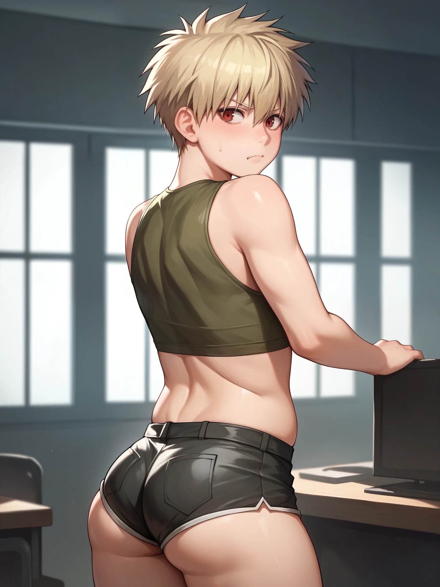 score_9, score_8_up, source_anime, standing, hellsing, seras, femboy, twink, shorts, otoko no, crop top, indoors, ass, ass cheeks, plump ass, rating:safe, sfw