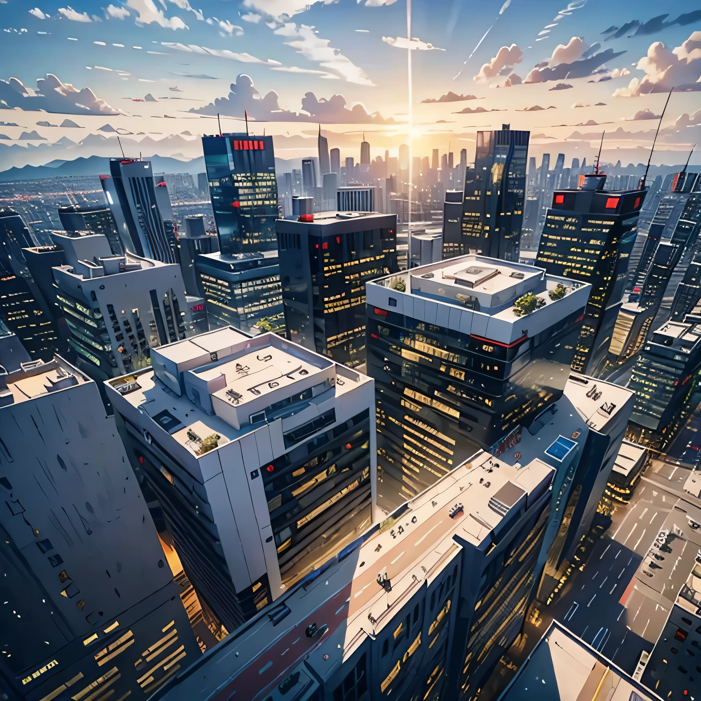 top angle of view，tmasterpiece，of the highest quality，4k quality, high resolution, Cinematic qualitytop of the building view，and the sun was shining brightly，City，City，polis，The city of the future，Golden-white tonearbled，Tall buildings tower，Buildings，Full of life，Technologie，Golden stone tiles，glass，Blue glasasy buildings, more buildings, views on the road