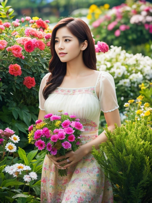 Realistic photography, beautiful woman. ,flower garden