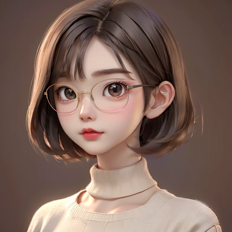 best quality, cartoon_portrait, 1girl, solo, looking at viewer, short hair, simple background, brown hair, bob cut, brown eyes, closed mouth, glasses, sweater, lips, swept bangs, brown background, red lips, 