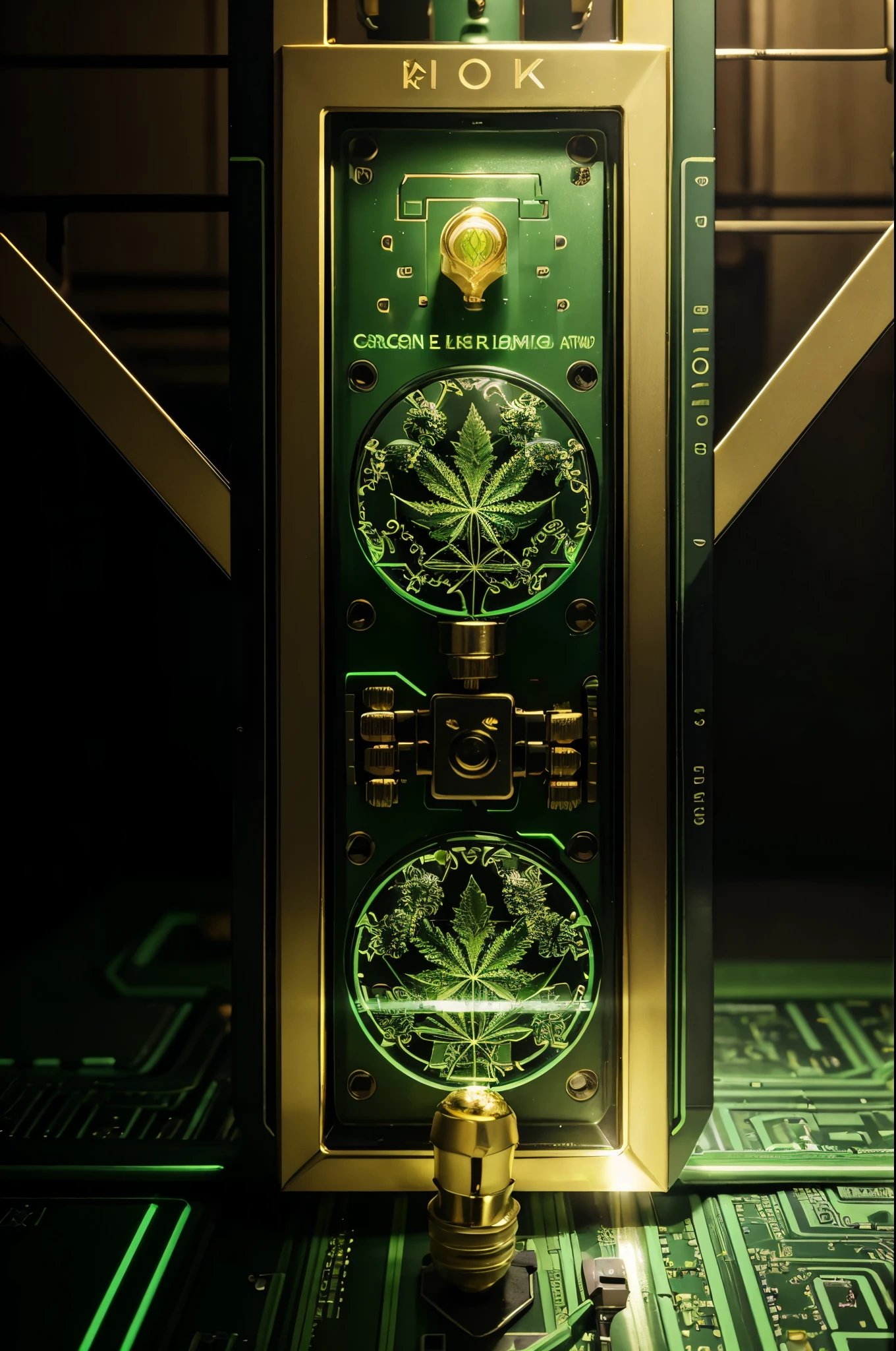 Intricate cannabis leaf with circuit board pattern, glowing blockchain nodes connected by pulsing lines, golden lock and key, radiant light bulb, gradient white and light green background