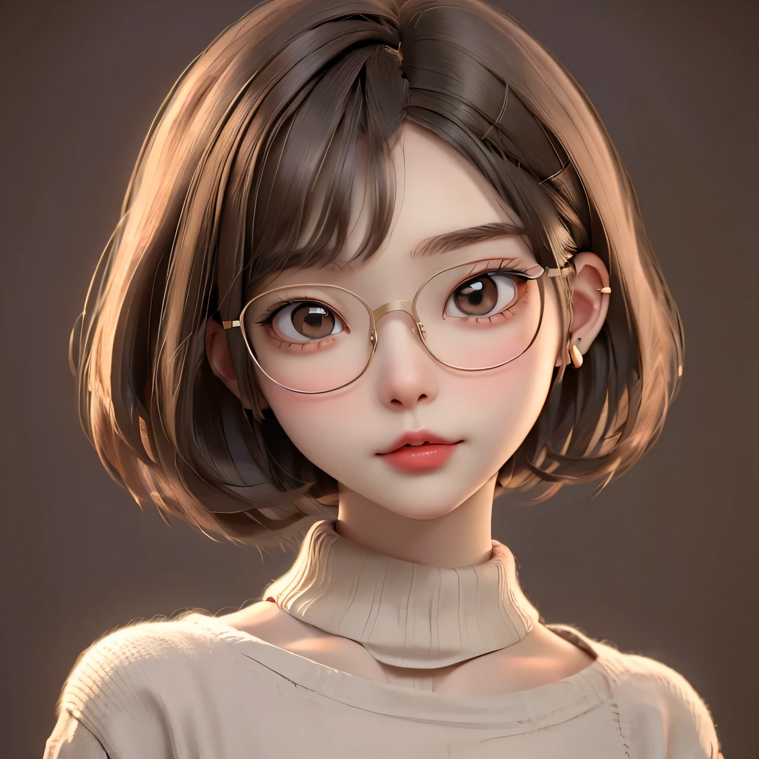 best quality, cartoon_portrait, 1girl, solo, looking at viewer, short hair, simple background, brown hair, bob cut, brown eyes, closed mouth, glasses, sweater, lips, swept bangs, brown background, red lips,