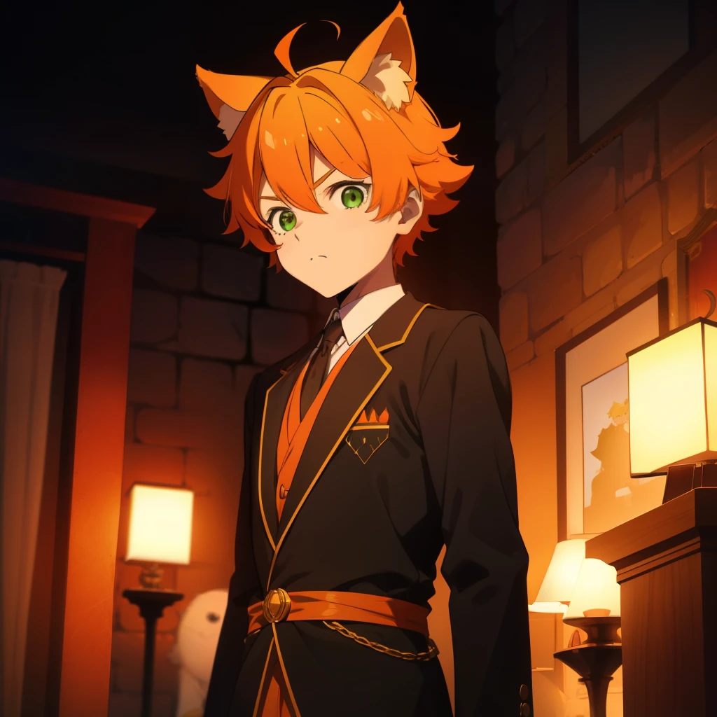 orange hair, green eyes, boy, 12 YO,femboy, animal ears, cute, shota, hallowing, dracula costume