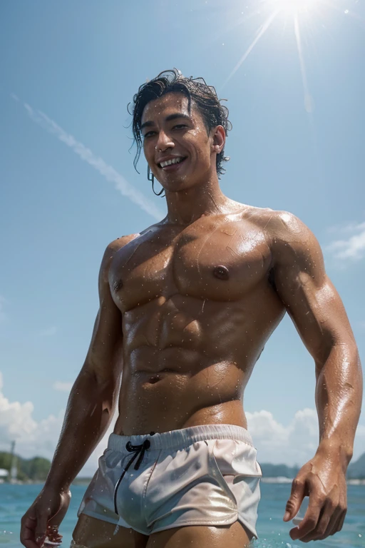 Aerial Views Dynamic lighting Golden Glow 8k HD High Resolution Bottom top View hyper Korean skin male with a black greased wet curls hair, nose & lip piercing, perfect teeth, smirk sexy tongue out bite, dimples, neck and hand tats, abs, muscular, shirtless, wearing wet white swim trunks with big bulge outline, walking through water hands behind his head, water drip, sweaty, looking up sun shining on him