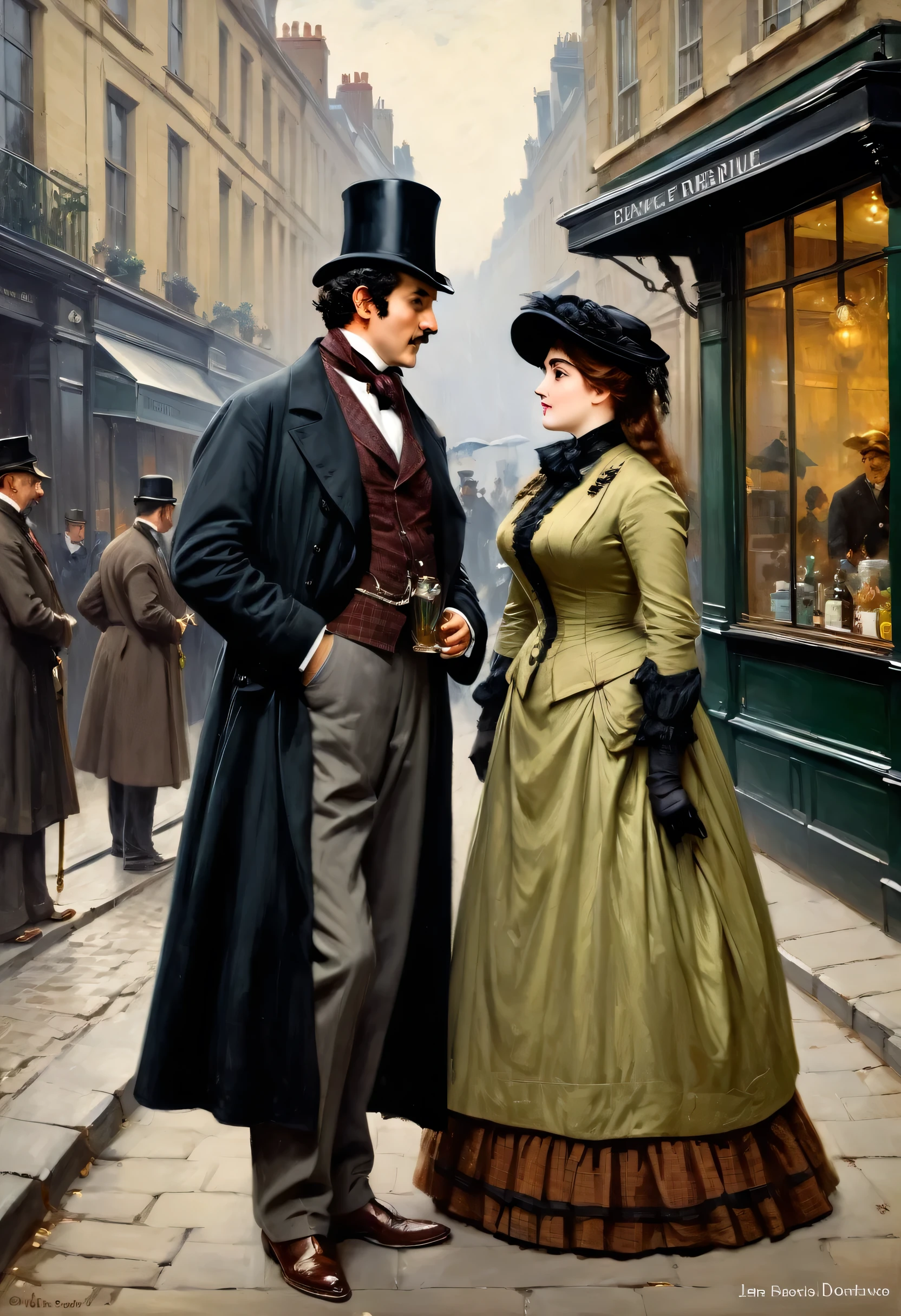 Full body shot of a Victorian Scene, sherlock holmes and a plump voluptuous buxom pretty Victorian widow having flirt standing face to face in Baker street,
by Jean Béraud, inspired by Jean Béraud, inspired by Édouard Detaille, edouard leon cortes, inspired by Ivan Kramskoi, inspired by Jean-Louis-Ernest Meissonier, by Édouard Detaille, inspired by Paul Émile Chabas