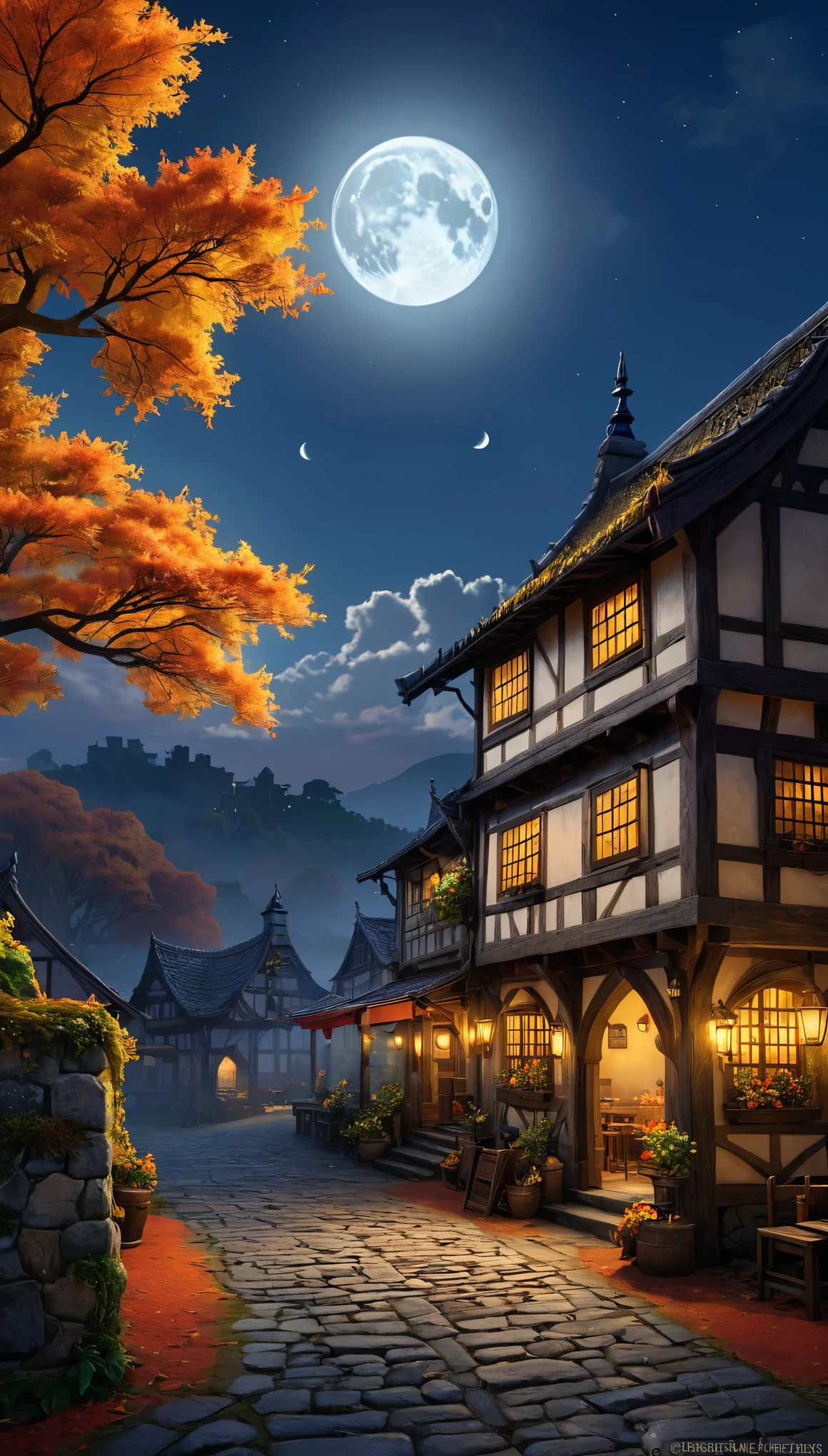 At the heart of a fascinating medieval tavern、Surrounded by seasonal autumn colors、A masterpiece of art and detail。highest quality、High resolution 8k CG wallpaper unit、As if we were there in person、It takes us into an extraordinary world filled with the intricacies of the facility.。 The scenery that unfolds before my eyes、orange、red、Dyed yellow、The autumn sky is enveloped in warmth and tranquility。Autumn twilight envelopes the scene、The cloudy sky adds a mysterious element.、The large moon shining in the distance emits a mysterious glow.。