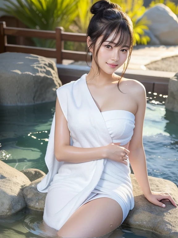 ultra high quality, high quality, Best image quality, 8k, ultra High resolution, High resolution, masterpiece, far and near method, Detailed and realistic human body, Dense and realistic skin, Realistic face in every detail, Realistic reproduction of every detail, Detailed and realistic lips, Detailed and realistic teeth, Detailed and realistic ears, Detailed and realistic hair, Detailed and realistic arms, Realistic reproduction of every detail, Realistic fingers in every detail, (Beautiful Hands, thumb1reference4), Realistic feet down to the last detail, ((Beautiful Japanese Girl)), (Japanese Model), (Japanese women), ((24 year old beautiful girl)), (Black Hair), (bun hair), ((whole body)), (Small and slim body type), (Fair skin), ((Wrap a thin Wet towel around your body)), ((thin, Wet towel is stuck tightly to her skin.)), (Soft natural light), (Hot springs surrounded by rocks), (Enter the hot spring), (A woman warming herself in a hot spring), (Soak in a hot spring), ((Waist-deep in water)), (Bathing in an open-air bath), wrap a towel around your body, Naked towel, (blur the background a little), (Look at the camera with a smile), Natural bangs, fair skin, Bright lighting, Professional Lighting,