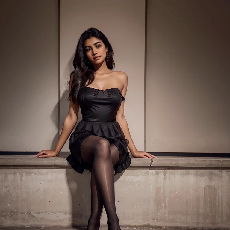 indian woman sitting on a ledge in a black Dress, wearing an blouse, black blouse Dress, wearing a Pink Dress, Elegant and graceful, Elegant legs, Soft silk dress, dressed in a Pink Dress, Elegant Dresses, Elegant and refined, beautiful and elegant, feminine slim figure, Strapless Dress, A stunningly elegant pose, Graceful seduction pose、(((Black Pantyhose)))、Cleavage