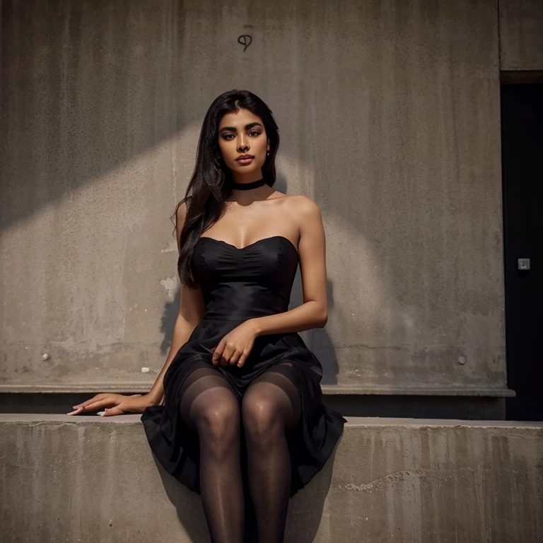 indian woman sitting on a ledge in a black Dress, wearing an blouse, black blouse Dress, wearing a Pink Dress, Elegant and graceful, Elegant legs, Soft silk dress, dressed in a Pink Dress, Elegant Dresses, Elegant and refined, beautiful and elegant, feminine slim figure, Strapless Dress, A stunningly elegant pose, Graceful seduction pose、(((Black Pantyhose)))、Cleavage