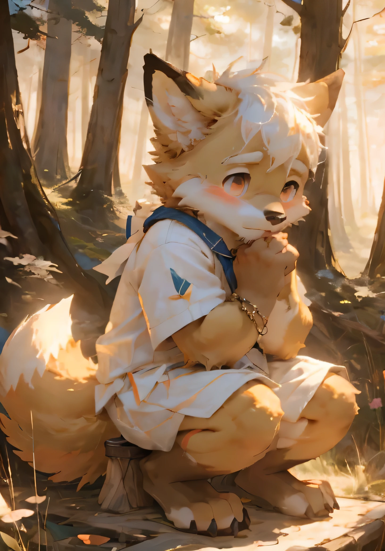 (masterpiece)，(Very detailed)，(best quality)，hairy，fox，Golden fur，white hair，Black pupil，(Light luxury clothes)，(blush:1.1)，((Shy expression))，Forest background，8k，(high quality)，(Ultra HD)，(Ultra Detailed)，（Young children），（Juvenile），Perfect sunshine，（Squat）