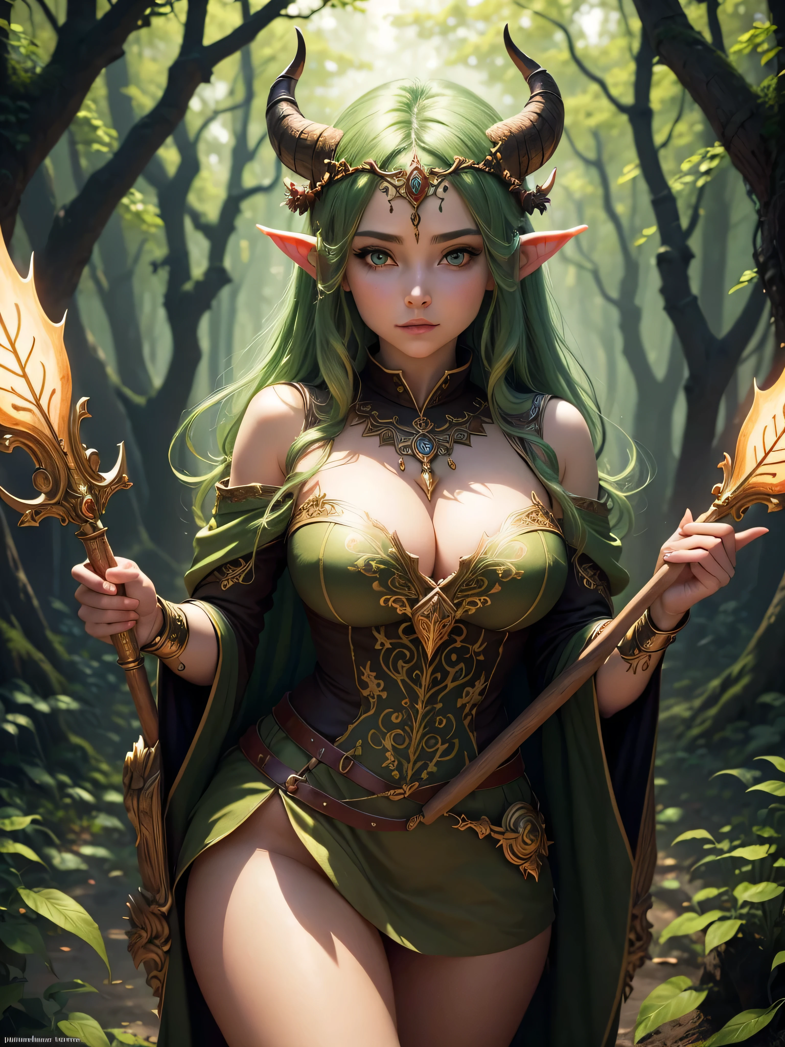 masterpiece, best quality, 1girl,druid,leaf clothing,(wood staff),(energy flow:1.2),horns,gorgeous,ornate, beautiful,looking at viewer,forest,perfect lighting,circlet (masterpiece, high quality:1.2), elf