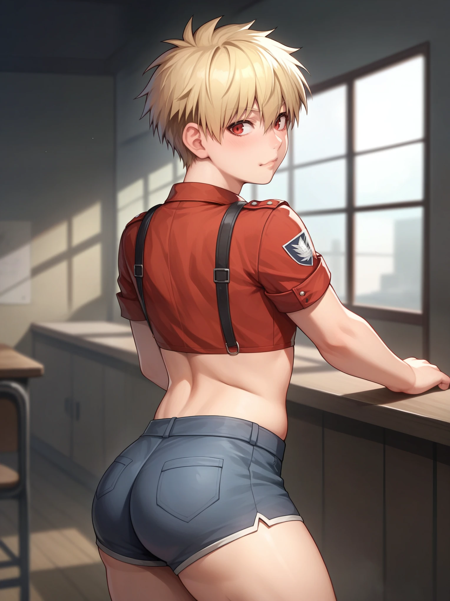 score_9, score_8_up, source_anime, standing, hellsing, seras, femboy, twink, shorts, otoko no, crop top, indoors, ass, ass cheeks, plump ass, rating:safe, sfw, ((shota)), aged down