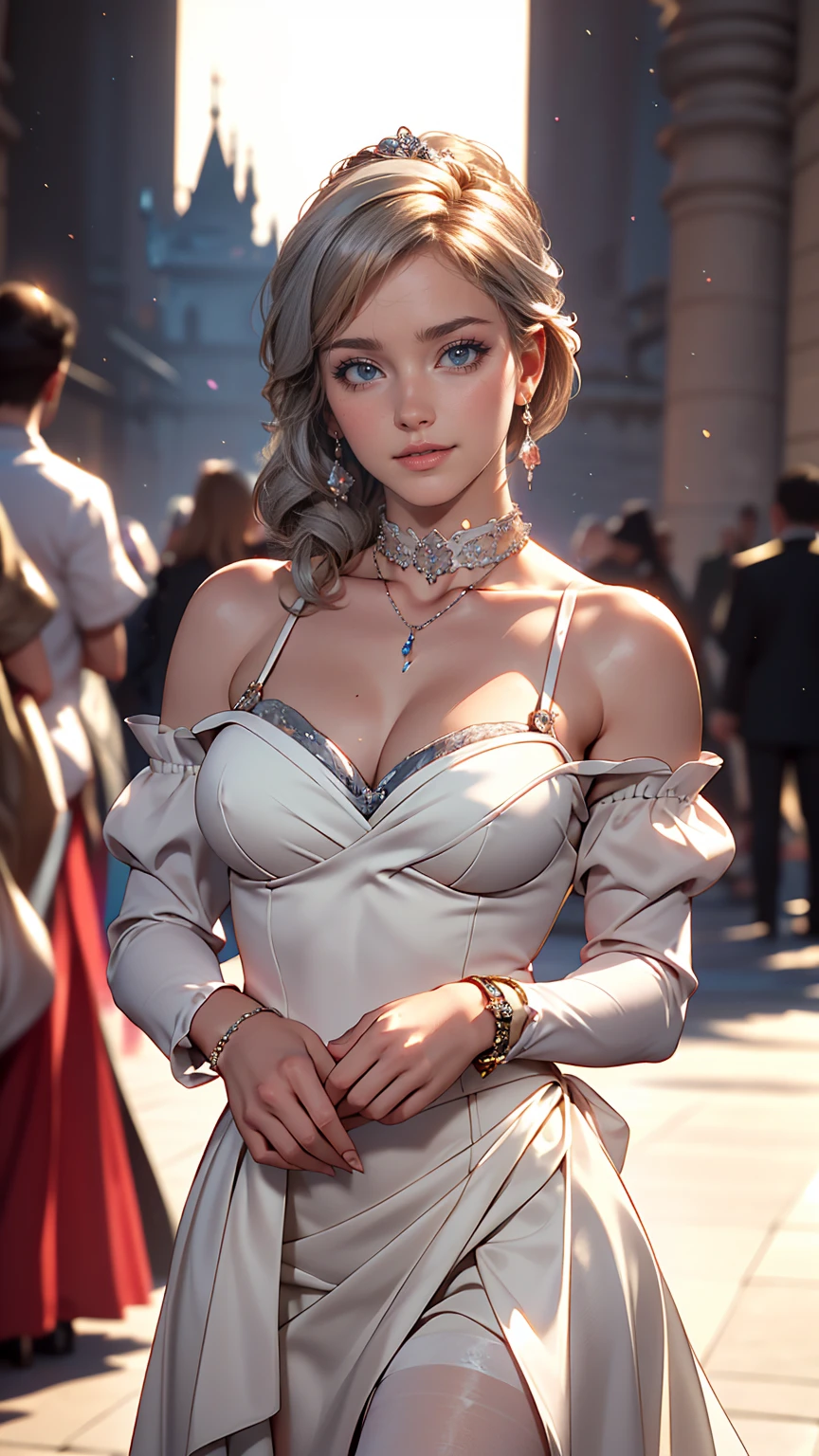 8K, RAW Photos, highest quality, masterpiece:1.2), (Realistic, photo-Realistic:1.37)、Earrings, eyelash, pantyhose、Sexy and provocative smile、 (Shiny skin:1.05)、Venus Body、Having her hair done、My chest is popping out、Wear accessories on your wrist、Wearing accessories on the ankle、Background blur((depth of field)、23 year old white female、Silver Hair、long hair、blue eyes、Disney「Cinderella」のCinderellaが豪奢な白いドレスを着る、Wear a white choker、Attending a ball at the royal castle