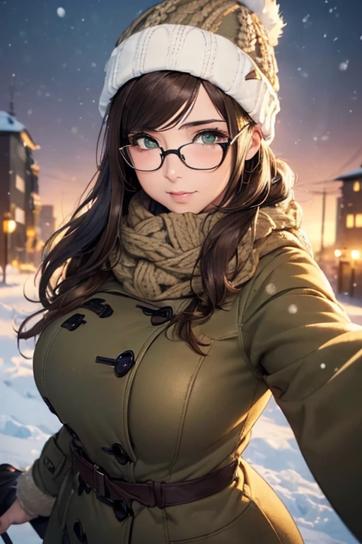 <lora:add_brightness:0.5><lora:add_detail:0.5> <lora:041:2>1 woman, large breast, embarrassed ,blush, forehead,  black hair,  glasses, coat, sweater, Scarf covering the mouth, gloves,
winter, town, building, snowing,