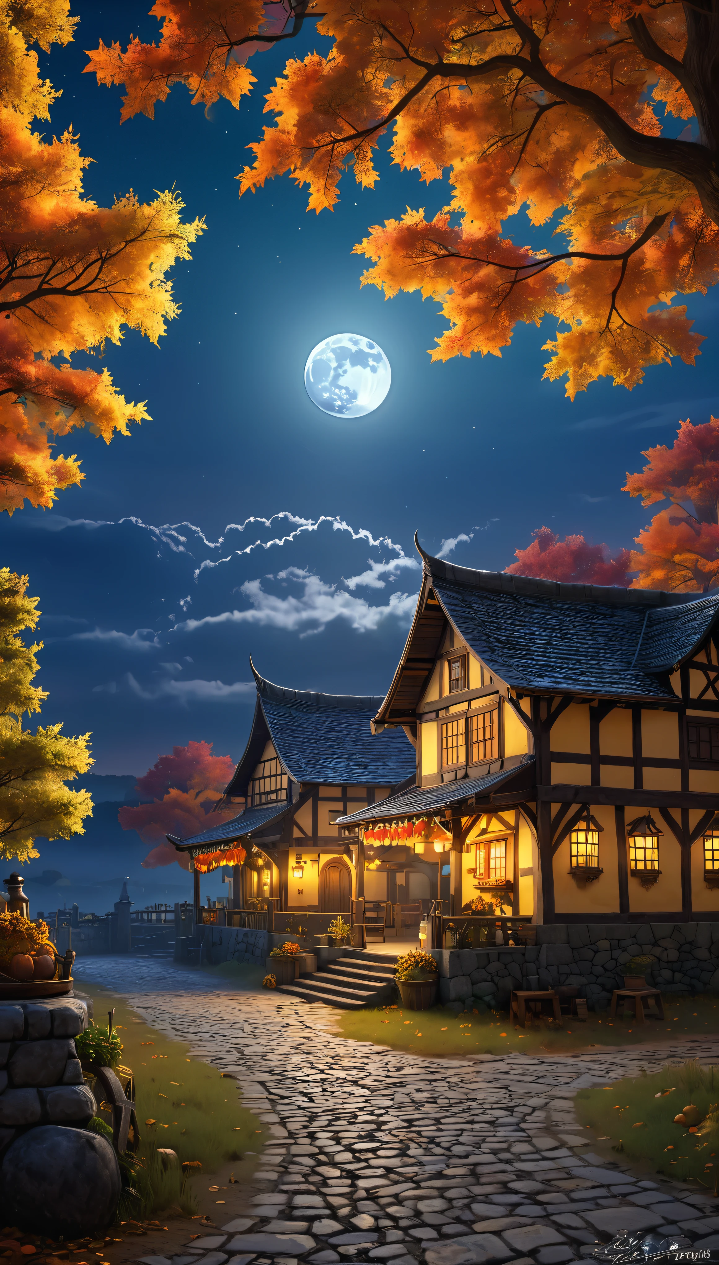 At the heart of a fascinating medieval tavern、Surrounded by seasonal autumn colors、A masterpiece of art and detail。highest quality、High resolution 8k CG wallpaper unit、As if we were there in person、It takes us into an extraordinary world filled with the intricacies of the facility.。 The scenery that unfolds before my eyes、orange、red、Dyed yellow、The autumn sky is enveloped in warmth and tranquility。Autumn twilight envelopes the scene、The cloudy sky adds a mysterious element.、The large moon shining in the distance emits a mysterious glow.。