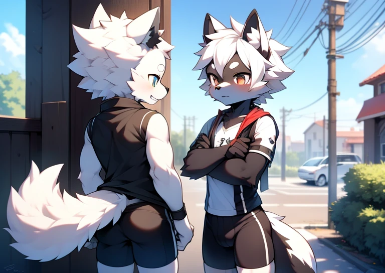 Libido boy,furry wolf,((Shota)), Black and white hair, black spandex bike shorts, butty, standing