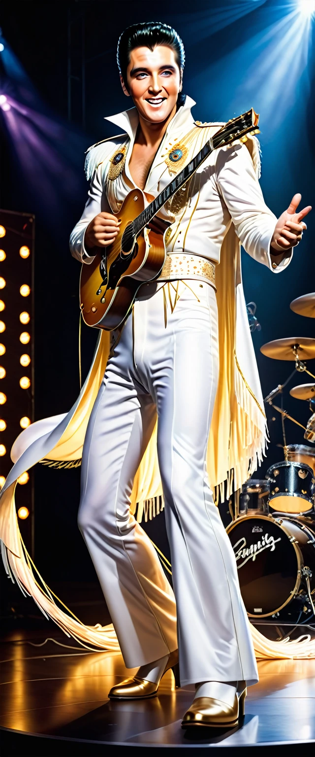(eptheking), 1man\(elvis presley,(performing on stage),(playing the guitar),(wearing white caped fringe jumpsuit ),(full body:1.5),big smile,dynamic pose,chest hair\), BREAK ,background\((live stage:1.5),(many audience:1.5)\), BREAK ,quality\(intricate details, very sharp, detailed face, detailed skin,8k,wallpaper of extremely detailed CG unit, masterpiece,hight resolution,top-quality,top-quality real texture skin,hyper realisitic,increase the resolution,RAW photos,best qualtiy,highly detailed,the wallpaper,cinematic lighting,ray trace,golden ratio\),landscape,long shot,wide shot,dynamic angle
