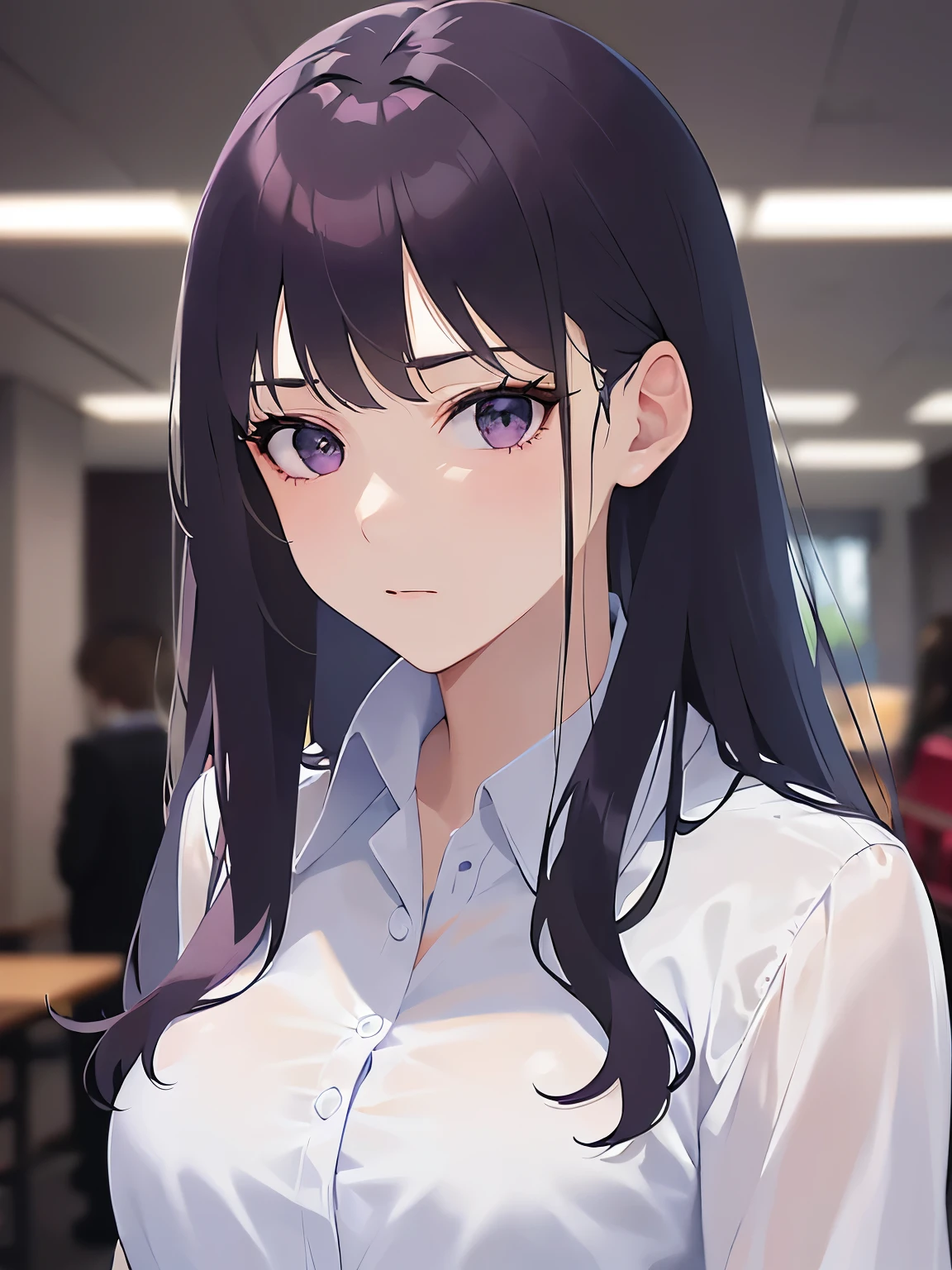 look back, Upper Body, Realistic, real person, (pale skin: 1.2), RAW photo, photorealistic, shiny skin, shiny hair、(A 25-year-old woman with straight hair and bangs) and (medium hair) and (black hair) and (purple eyes) , (business suit:1.5) and (White collared shirt) 、Expressionless, Background is an office room、Alone、Are standing