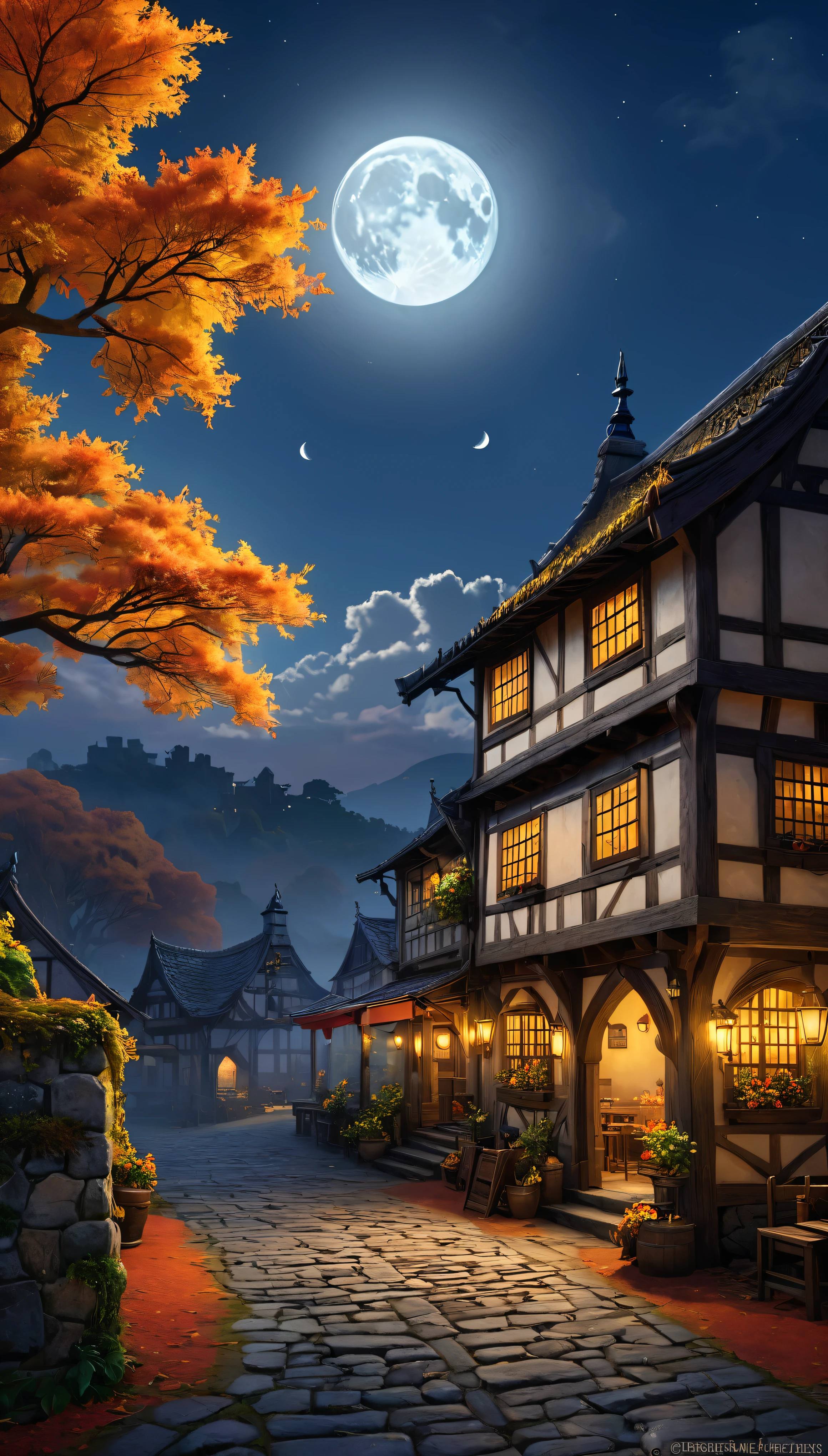 At the heart of a fascinating medieval tavern、Surrounded by seasonal autumn colors、A masterpiece of art and detail。highest quality、High resolution 8k CG wallpaper unit、As if we were there in person、It takes us into an extraordinary world filled with the intricacies of the facility.。 The scenery that unfolds before my eyes、orange、red、Dyed yellow、The autumn sky is enveloped in warmth and tranquility。Autumn twilight envelopes the scene、The cloudy sky adds a mysterious element.、The large moon shining in the distance emits a mysterious glow.。