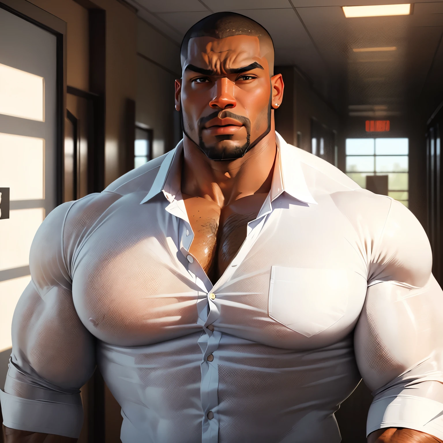 an exaggeratedly muscular and large bodyguard, beefy build, beard, dark-skinned african american male, buzzcut hair with square line, (bara pecs: 1.3), (arm and chest hair: 1.1), close-up portrait HD, (sports facility), no shirt, detailed speedo, big underwear bulge