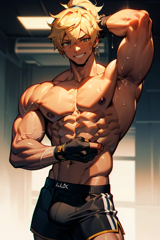 ((best quality)), ((masterpiece)), (detailed), perfect face, Len, Vocaloid, ponytail, short, muscle, muscular, ripped, shredded, jacked, swole, 8 pack, v line, twunk, big arms, veiny arms, big pecs, alpha, alpha male, athletic, jock, veiny arms, veiny muscle, massive muscles, gigantic muscles, dark skin, darkened skin, athlete, working out, sweaty, gasping, wet, shirtless, flexing, gym rat, sexy, shorts, massive bulge, cocky, hot, pin up, showing off, smirk, slutty, slut, erotic, gay, strong, boxers, underwear, massive bulge, huge package, big crotch