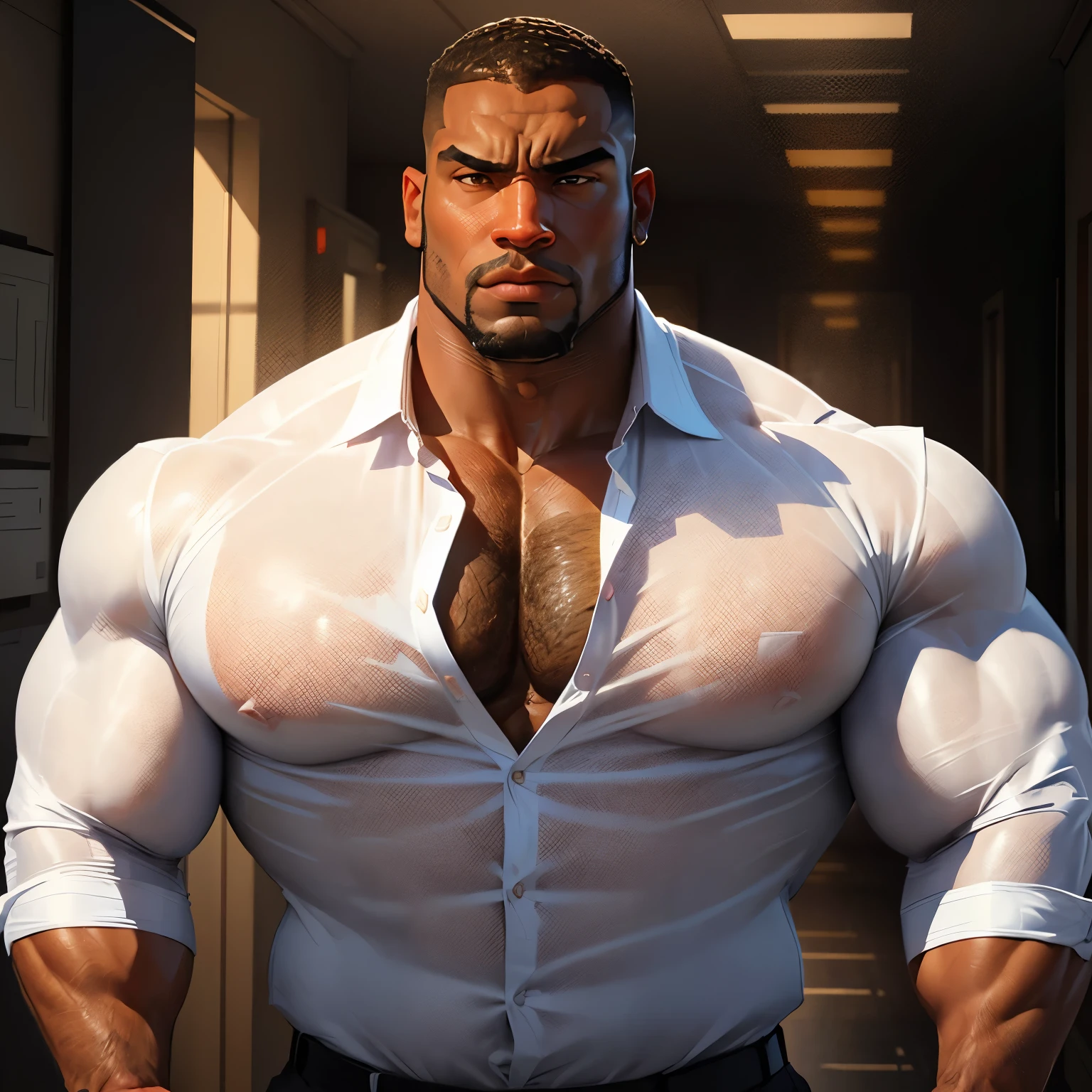 an exaggeratedly muscular and large bodyguard, beefy build, beard, dark-skinned african american male, buzzcut hair with square line, (worried expression: 1.2), (wearing see-through white business shirt: 1.1), (bara pecs: 1.3), beefy pecs, (arm and chest hair: 1.3), portrait HD, (high school hallway)